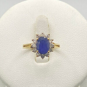10K Gold Blue Oval Halo Ring w Diamond Accents | Size 5.75